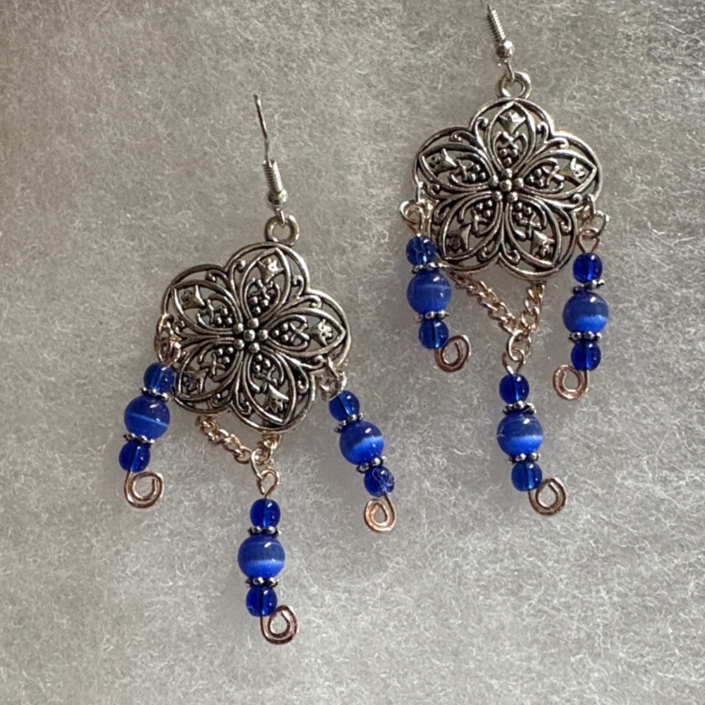 Floral Silver Earrings with Blue Beads